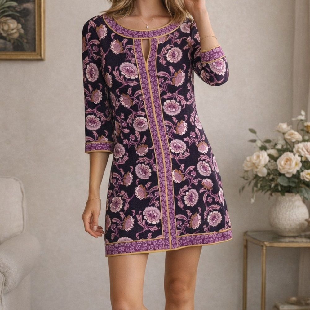Wisp Floral Border Print Keyhole Shift Dress Purple Gold Size 2 Boho - Picture 2 of 8